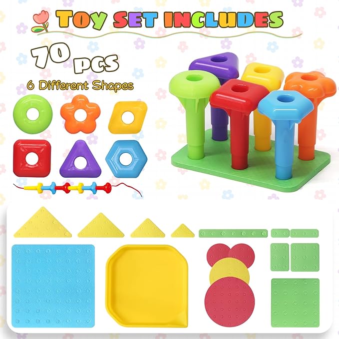 Peg Board Toy set 70Pcs DIY Building Stacking Toys for Kids 3-6 Years Old,STEM Educational Kids Toy for Brain Development,Montessori Sensory Toys,Upgrade Various Foam Board Plastic Lacing String Game