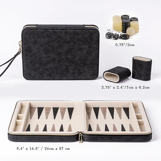 Backgammon Sets for Adults, Classic Board Game with Folding Leather Backgammon Case, Portable Travel Backgammon Game Set (Black)