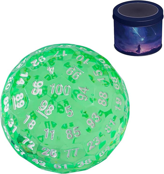Upgraded D100 Dice, Single 100 Sided Polyhedral Dice D100 Die 50mm, D&D Dice D100 Game Dice, 100 Sided Cube with DND Dice Bag(T Green/White Font)