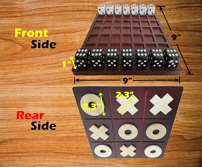Dice Battle and TicTacToe Dual Sides Board Games, Wooden Coffee Table Games for Adults, 2 Player Best Bar Dice Games, Indoor Tabletop Game & 2 Players Wood Table Top Dice Game (Dual(2)/Brown)