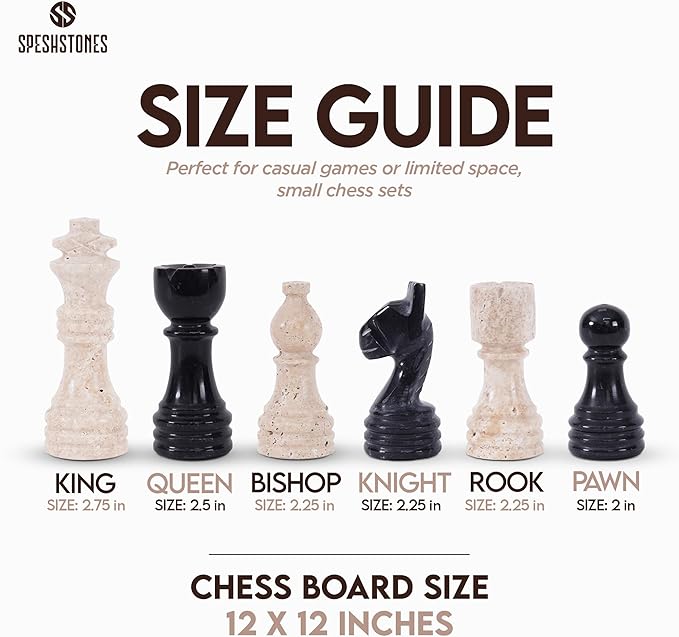 Marble Chess Set 12 Inch Handmade Travertine & Black Board Game with Storage Box, Classic Travel Chess Set for Adults with Pieces & 2 Extra Queens, Elegant Gift & Home Décor