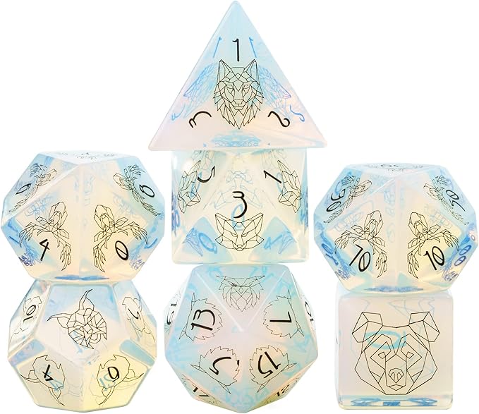 UDIXI Opal Stone DND Dice Set, 7PCS Gemstone Dice Stone Dice Set D&D with Gift Case for Dungeons and Dragons Table Games (Beast Pattern)