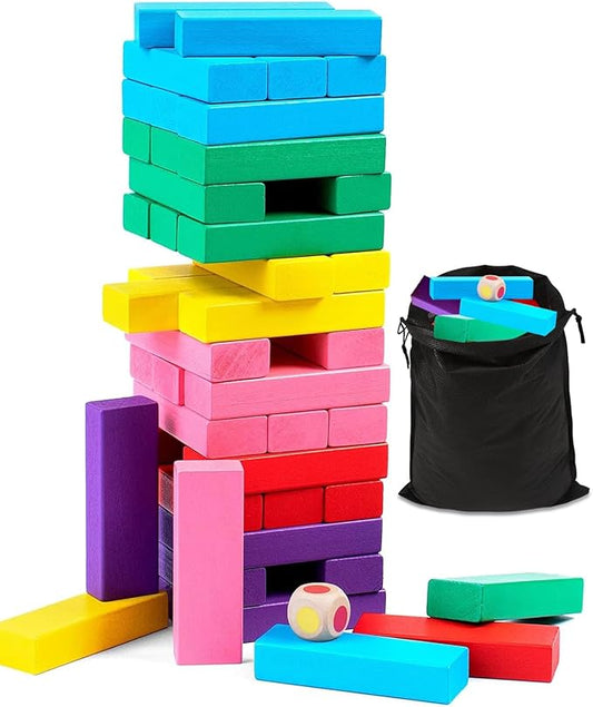 48 Pieces Stacking Board Game,Wooden Stacking Colorful Stacking Board Games,Tumble Tower with Dice,Stacking Building Blocks for Kids Boys Girls Gifts,Stacking Game with Storage Bag