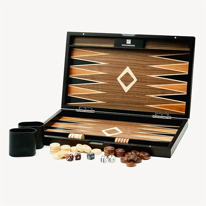 Woodronic 17" Wooden Backgammon Set for Adults, Folding Classic Board Game, Best Strategy Game and Smart Game of Tactics, Walnut Mahogany Case