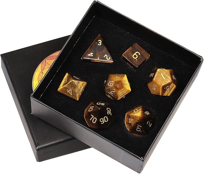 TUMBEELLUWA Engraved Crystal Stone Polyhedral Dice Set for RPG MTG Dungeons and Dragons Table Game 7 Pieces DND Board Game Dices with Pouch, Tiger’s Eye