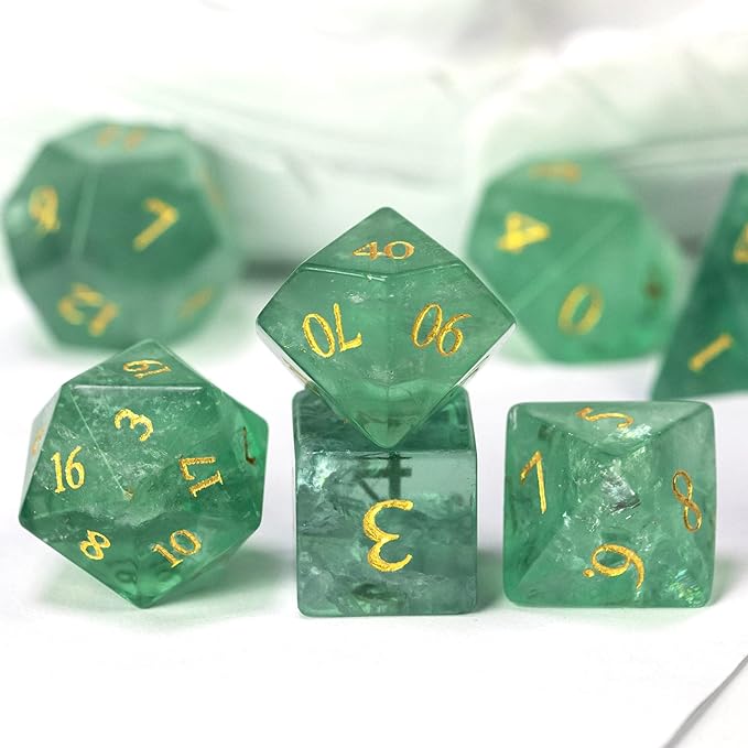 UDIXI Natural Gemstone Dice Set 7PCS Green Fluorite Crystal Stone DND Dice with Gift Case for Dungeons and Dragons Role Playing Games and Other Tabletop Games