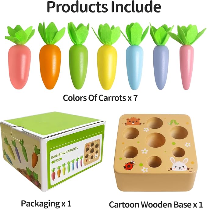 Skrtuan Wooden Toys for 1 2 3 Year Old Toddlers Baby Boys and Girls, Montessori Toy Carrot Harvest Game Shape & Sorting Matching Puzzle, Educational Developmental Birthday Gifts for Babies 6-12 Months