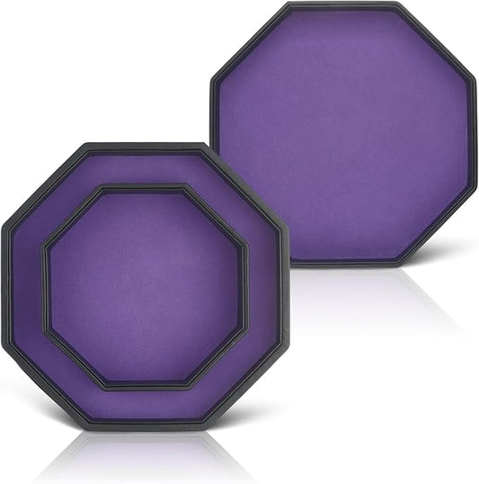 Dice Tray with Lid for Board Dice Games, Purple Felt Lined PU Leather Octagon Dice Rolling Tray and Box Storage for Dice