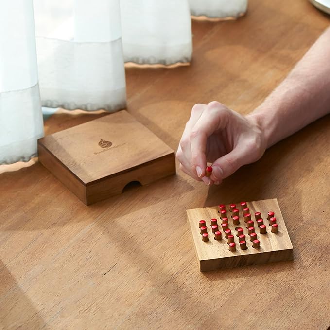Wood Solitaire Game Classic Peg Solitaire Board Premium Wooden Design Single Player Brain Teaser Strategy Puzzle for Brain Training Tabletop Indoor (Jump All but one)