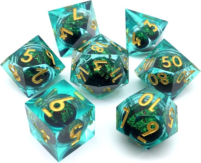 DND Dragon Eye Dice Set 7PCS Handmade Sharp Edge Resin Dice for Dungeons and Dragons Table Games with Gift Case (Rotating Green Eye)