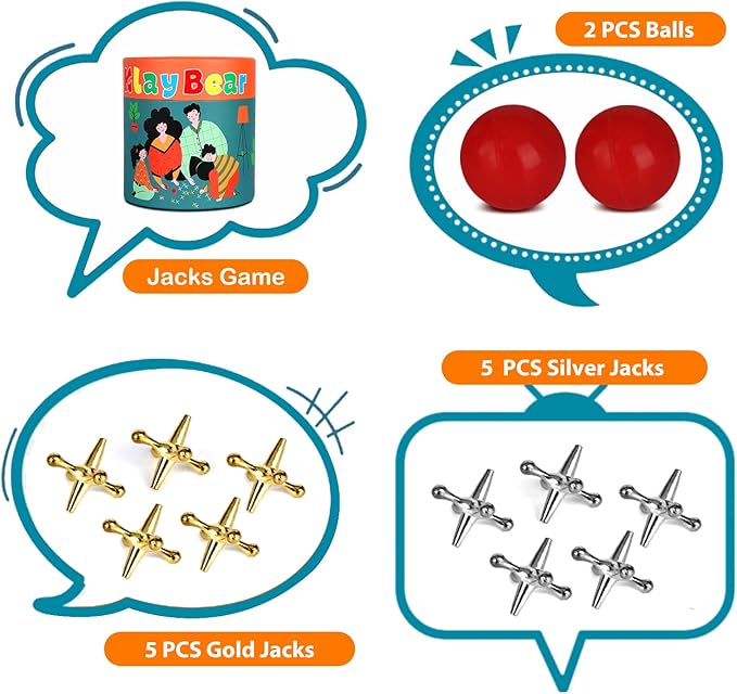 Jacks Game with Ball, Retro Vintage Jax Game for Kids and Adults, Classic Board Games with 10 Metal Jacks & 2 Red Rubber Balls, Old Fashion Traditional Table Games for Family Game Night