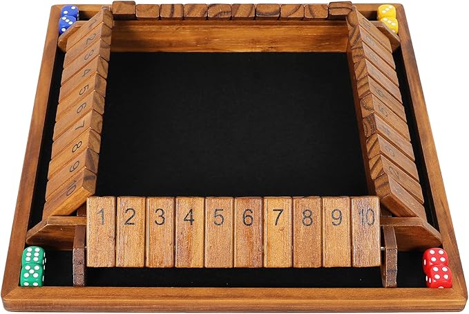 Vamslove 12 inches Shut The Box Dice Game Wooden Board Table Math Game with 8+4 Dice for 2-4 Player, 4 Sided 10 Numbers Close The Box for Kids Adults(Instructions Included)