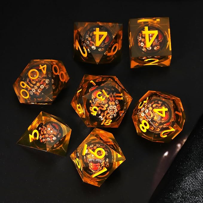 Cthulhu Beholder Polyhedral Resin Dice Set for Dungeons and Dragons Sharp Edge 7 PCS for D&D RPG Starter and Role-Playing Games, with Gift Box (Yellowish-Orange)