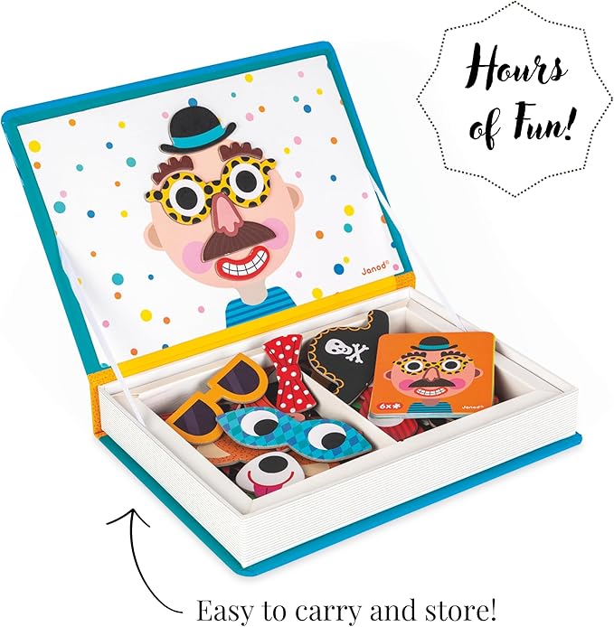 Janod Magnetibook 83 Pc Magnetic Boy Crazy Face Dress Up Game for Imagination Play - Book Shaped Travel/Storage Case Included - S.T.E.M. Toy for Ages 3+