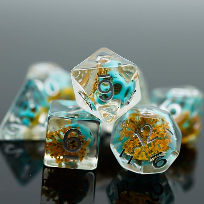 UDIXI 7PCS Polyhedral Dice Set, DND Dice Set Filled with Mushroom for Role Playing Games, D&D Dice for Dungeons and Dragons (Blue Flower)