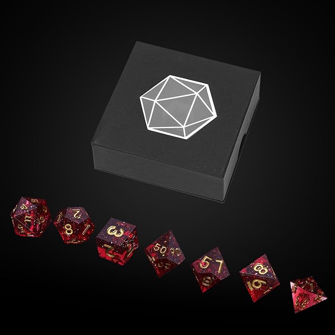 7PCS DND Dice Set,Transparent Deep Red with Gold Foil D&D Dice for Dungeons and Dragons TTRPG Games Roleplaying Games Pathfinder,with Gift Box.