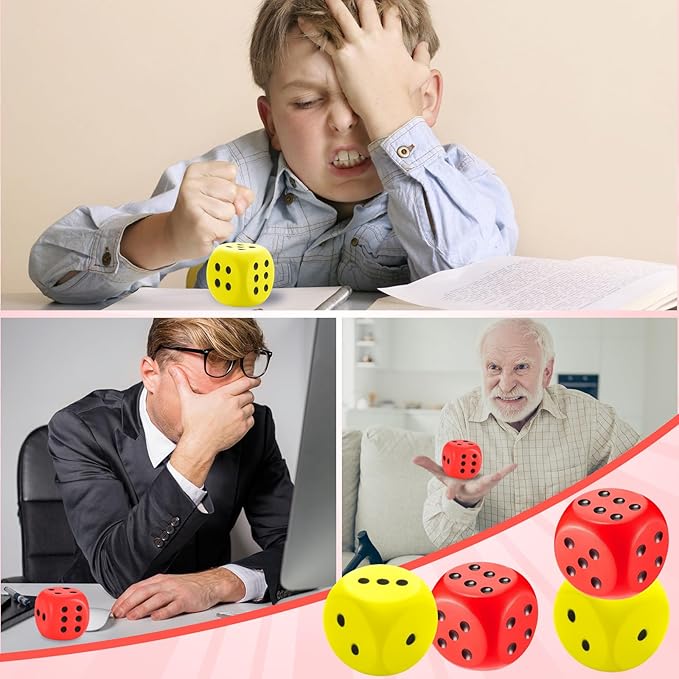 Zomiboo 2 Pcs Large Foam Dice Stress Balls Soft Jumbo 6 Sided Giant Dice Educational Learning Squeeze Anxiety Relieve Toy Gifts for Adults Kids Board Game Classroom(Red, Yellow,2.3 Inch)