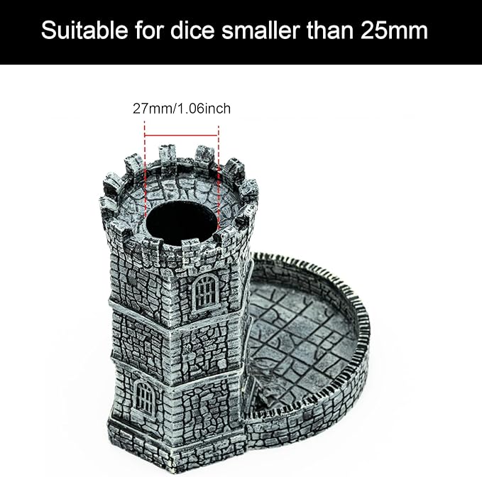 Castle Dice Tower with Tray, Wall Carving Dice Rolling Tray for Dungeons and Dragons | Easy Roller Perfect for Board Game, D&D and RPG, (Grey)