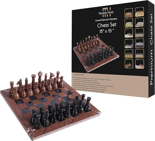 15 Inch Luxury Chess Set Classic Chess Boards for Adults with Handcrafted Stone Board & Marble Chess Pieces Ideal for Home Decor (Marina & Black)