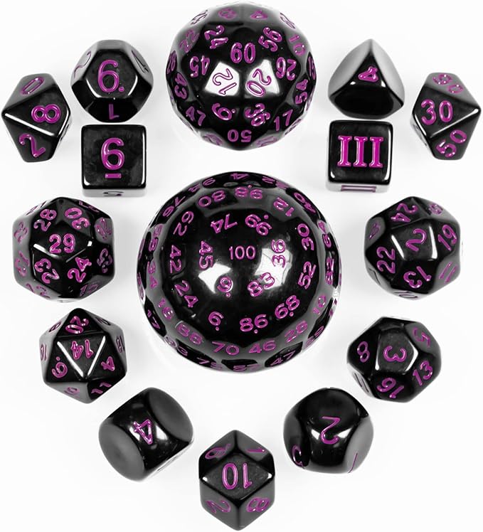 15 Pieces Complete Polyhedral DND Dice Set D3-D100 Spherical D&D Dice Set with Dragon Eye Dice Bag, D100 Dice for Dungeons and Dragons, RPG, MTG Table Games(Black w/Purple Numbers)