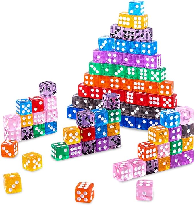 AUSTOR 100 Pieces Dice 12mm Game Dice Set 6 Sided Dice Translucent Colors Square Corner Dices Set for Tenzi, Farkle, Yahtzee, Bunco or Teaching Math with a Velvet Drawstring Bag