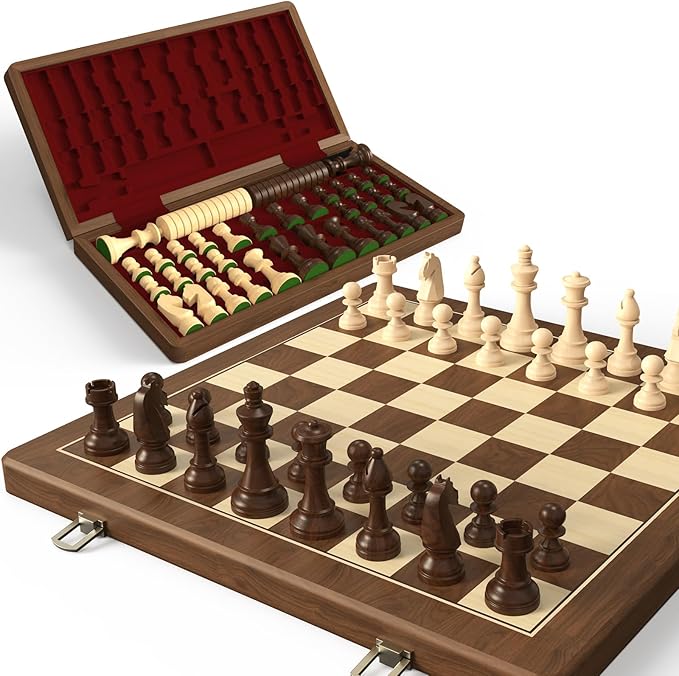 Premium Natural Walnut 15" Magnetic Wooden Folding Chess & Checkers Set- 2 in 1 Board Game with 3" King Staunton Pieces and 2 Extra Queens, Checkers, and Dust-Proof Storage Bag (Red)