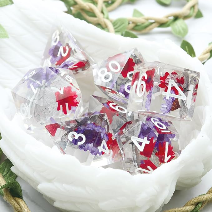 Haxtec Flower DND Dice Set Sharp Edge Dice with Dice Case Handmade Red Purple Floral Resin D&D Dice Set for TTRPGs Dungeons and Dragons Gifts