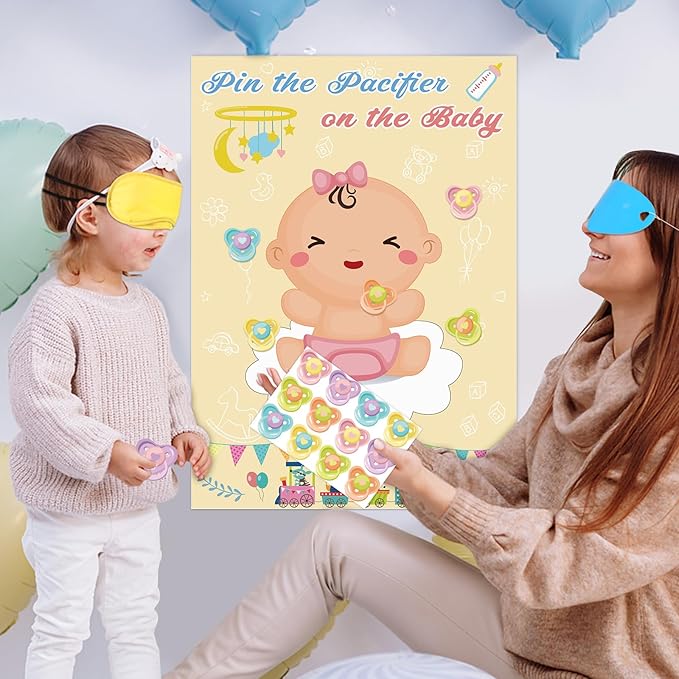 Hooqict Pin The Pacifier on The Baby Game Funny Baby Shower Games for Girls Birthday Party Gender Reveal, Large Baby Shower Activities Poster with 72 Pacifier Stickers