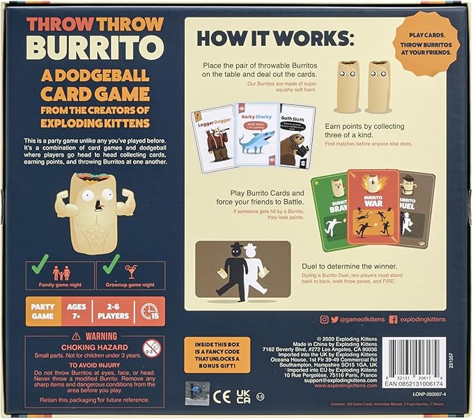 Exploding Kittens Presents Throw Throw Burrito - A Dodgeball Card Game - Family Card Games for Adults, Teens & Kids - 2-6 Players - Ages 7 and Up - 120 Cards