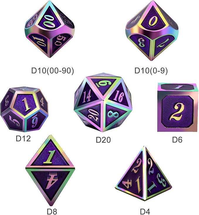 Purple Metal Dice Set D&D, DNDND 7 Die Enamel Polyhedral DND Dice Set with Metal Tin for Dungeons and Dragons and Role Playing Game