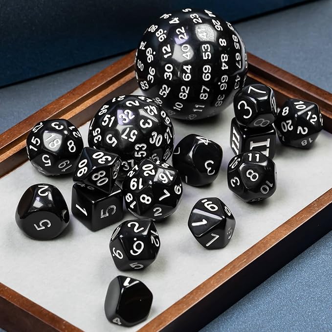 15 Pieces Complete Polyhedral DND Dice Set D3-D100 Spherical D&D Dice Set with Dragon Eye Dice Bag, D100 Dice for Dungeons and Dragons, RPG, MTG Table Games(Black w/White Numbers)