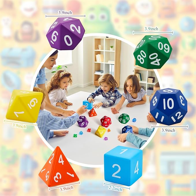 6 Pcs Jumbo Polyhedra Dice 3.94 Inch Jumbo Foam Polyhedral Dice 6 Set 4, 6, 8, 10, 12 Sides Gifts for Games Teach Numbers Addition Subtraction Probability Learning, Multicolor