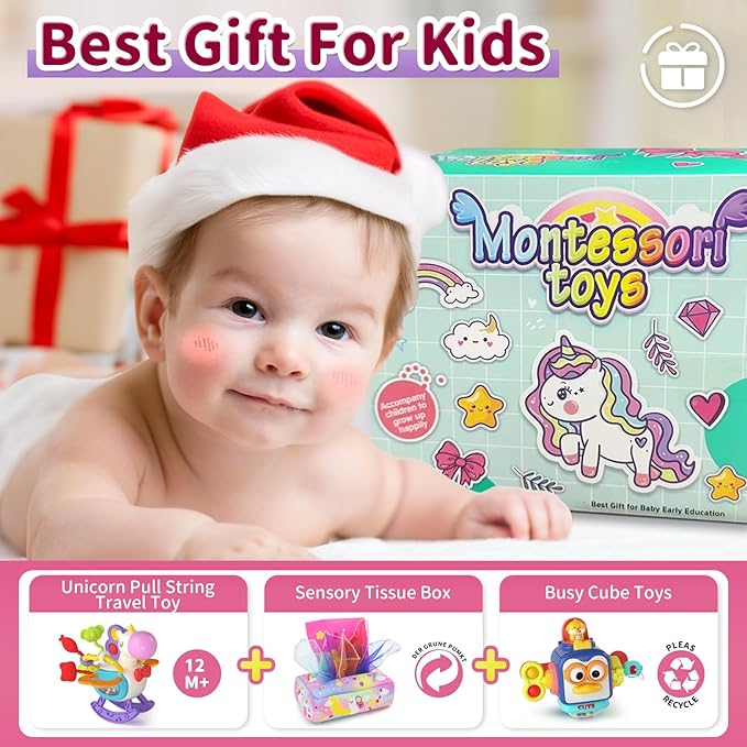 3 in1 Baby Toys 12 Months - Busy Board Sensory Toys, Tissue Box Toy, Pull String Teether, Learning Toy for Babies 12 18 Months, Baby Sensory Toys Gifts for 12 18 Months Old