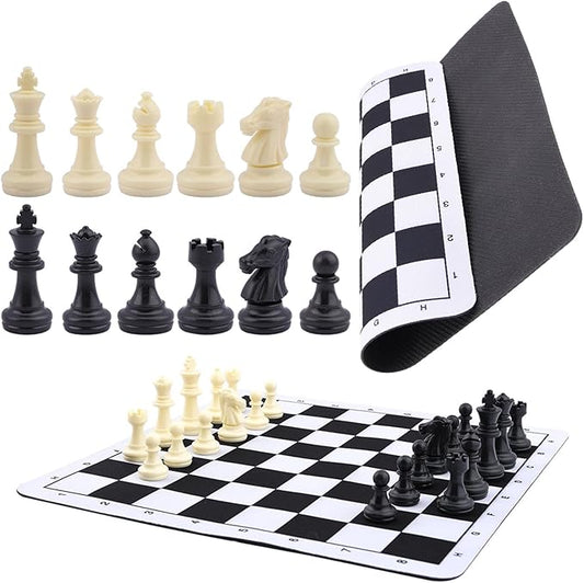 Portable Chess & Checkers Set, 235mm Tournament Roll Up Chess Board with Drawstring Bag, Folding Rollable Chess Set Travel Chess Set for Kids and Adults(Black)