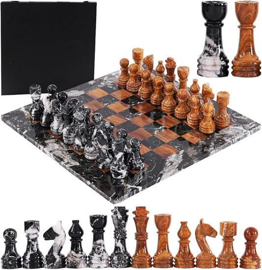 Marble Chess Set with Storage Box 15 Inches Handmade Black Zebra & Red Adult Board Games - Tournament Chess Sets 2 Player Games - 1 Chess Board & 32 Chess Pieces