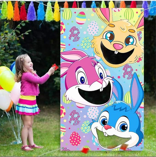 Easter Games, Funny Bunny Toss Game, with 4 Bean Bags, Premium Banner and Accessories, Easter Party Games for Kids Adults Family Outdoor, Party Activities Supplies