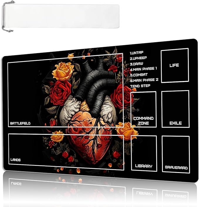 MTG Playmat Size 23.6x13.8in with Storage Bags Portable Playmat TCG and Board Game Mat for Cards Rubber Base Slip-Resistant Mousepad Desk Mat (Floral Heart,with Zone)