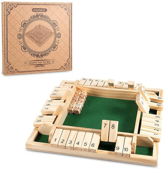 AMEROUS 12 Inches Shut The Box Family Game (1-4 Players), 4 Sided Large Wooden Number Dice Board Game with 12 Dices and Shut The Box Rules for Kids, Adults