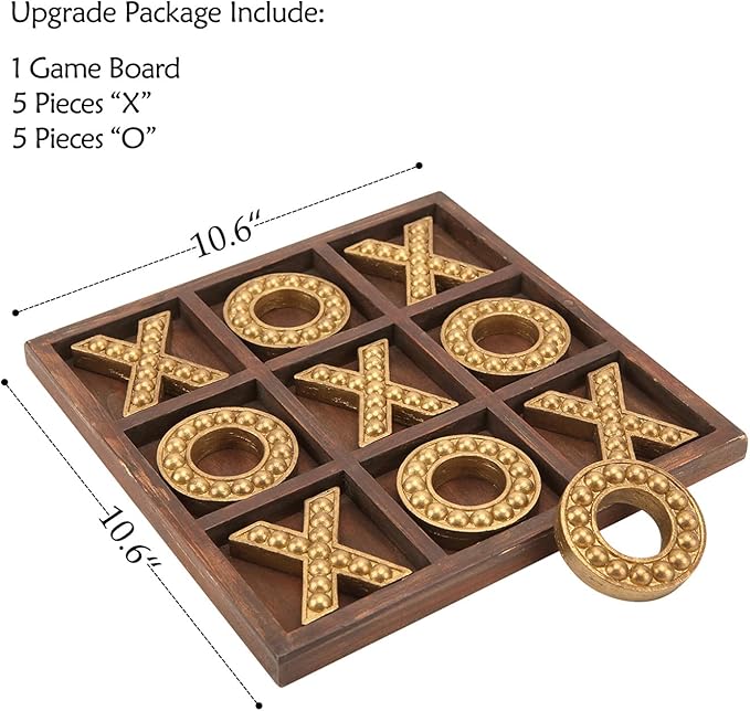 NIKKY HOME Tic Tac Toe Game Coffee Table Decor, 10.6 Inch Rustic Wooden Board, Gold