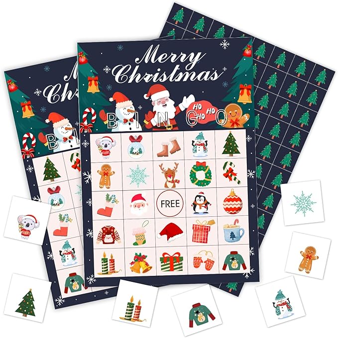 Ziyouza Merry Christmas Bingo Games Cards, Xmas Winter Party Bingo, 24 Players Bingo Games for Family Party Outdoor Trip Activity