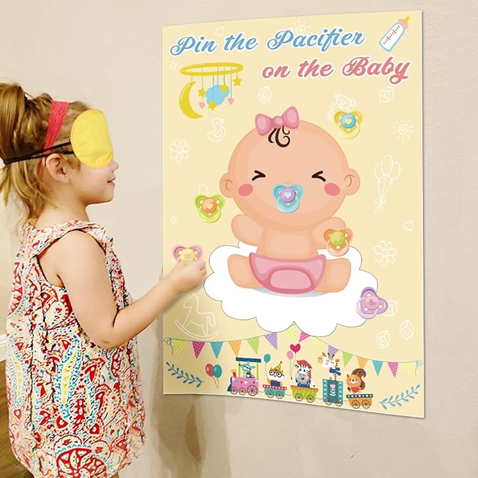 Hooqict Pin The Pacifier on The Baby Game Funny Baby Shower Games for Girls Birthday Party Gender Reveal, Large Baby Shower Activities Poster with 72 Pacifier Stickers