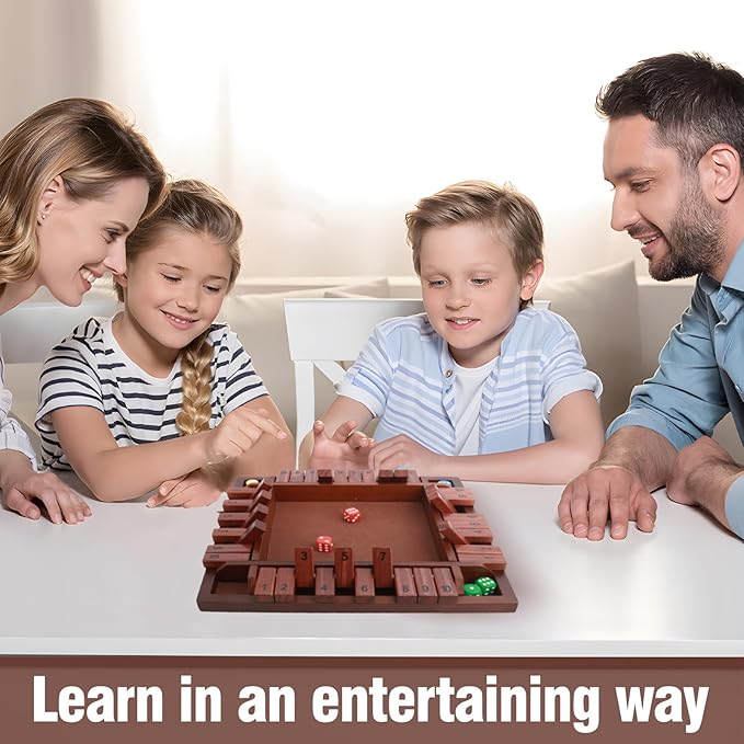 MerryPony Shut The Box 4 Player Wooden Board Game - 12 Inch With 10 Numbers and 12 Dice, Classic Family Tabletop Math Game for Adults & Kids, Pub Classroom Party