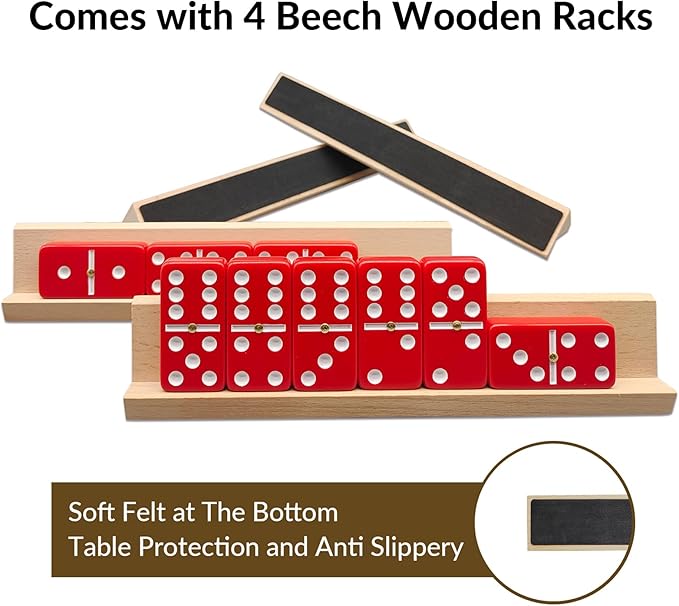 Dominoes Set for Adults with 4 Wooden Racks/Trays, Double Six Dominoes Travel Set with Portable Case Double 6 Dominoes Set with 4 Tiles Holders, 28 Tiles Dominos Set for Family Board Games - Red