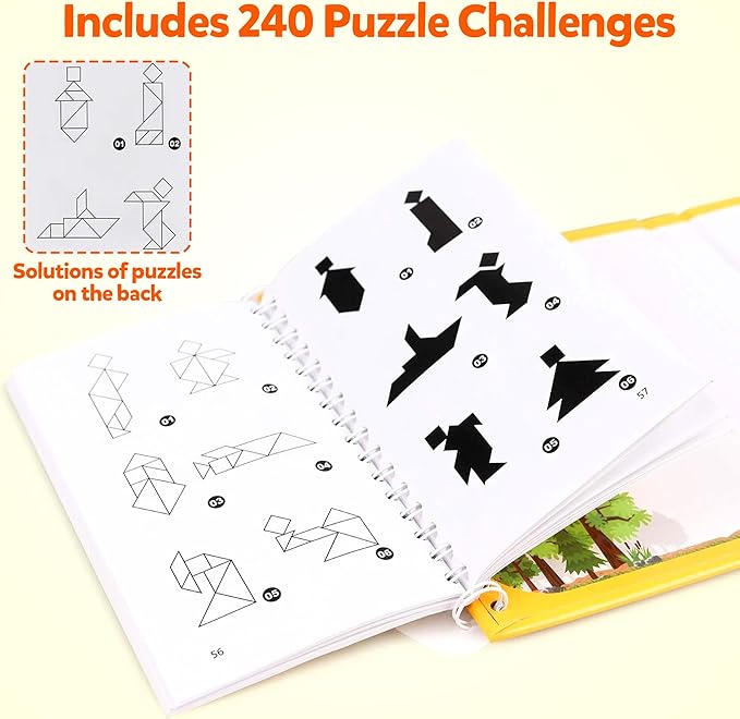 Travel Tangram Puzzle - Magnetic Puzzle Book for Road Trips, STEM Jigsaw Game with 3 Tangram Sets, Patterns Solutions - Brain Teaser IQ Toy for Kids and Adults, Ideal Educational Gift (240)