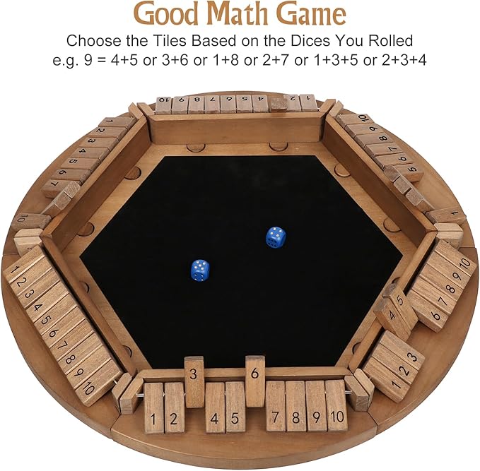 Shut The Box Game for 1-6 Players, Plusvivo Large Round Wooden Board Dice Game with 14 Dice for Adults, 6 Way Clever Math Game for Home Classroom or Pub