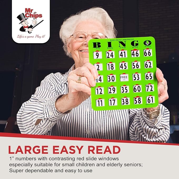 MR CHIPS Jam-Proof Bingo Cards with Sliding Windows, 25 Reusable Shutter Cards, 75 Calling Cards 1 Master Board in Green Style