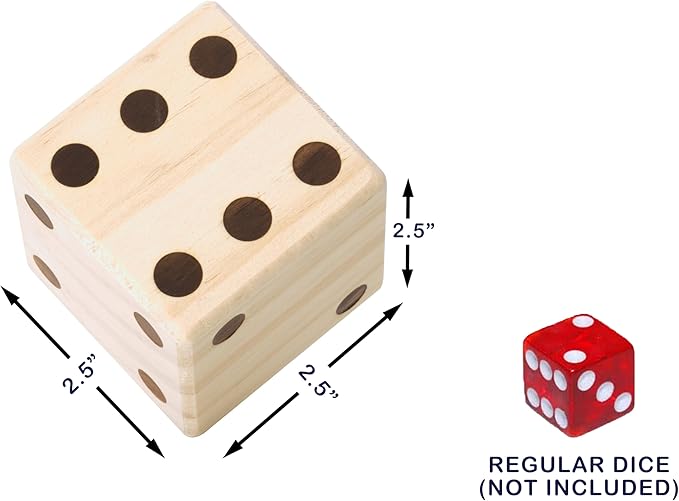 Large Wooden Yard Dice Set of 6 with Two Games and Cardboard Bucket