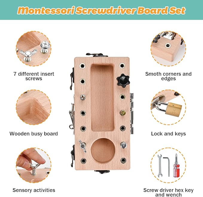 Montessori Screwdriver Board Set, Wooden Montessori Toys for 3 4 5 Year Old with Lock and Key Toy, Educational Sensory Learning Toy STEM Fine Motor Skills Toys