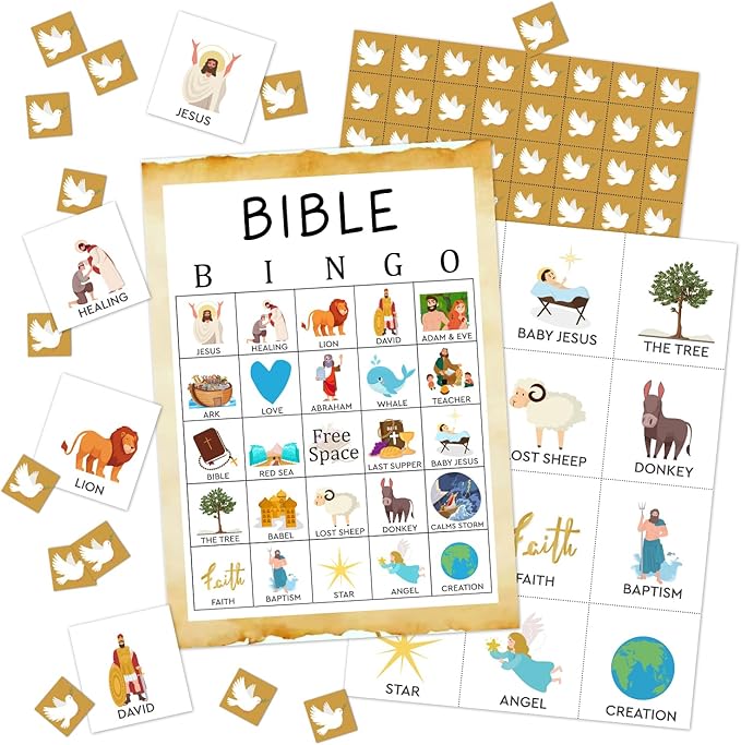 Bible Bingo Game, 24 Players Christian Sunday Church Bingo Cards for Women Men Party Favors for Family Open Day Holiday Party Activities Supplies Party Decoration Bingo Game- JK0103