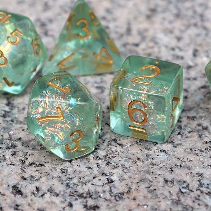 Haxtec Light Green DND Dice Set 7PCS Filled Resin Polyhedral D&D Dice W/Iridescent Mylar Inclusion for Roleplaying Games Dungeons and Dragons Gift